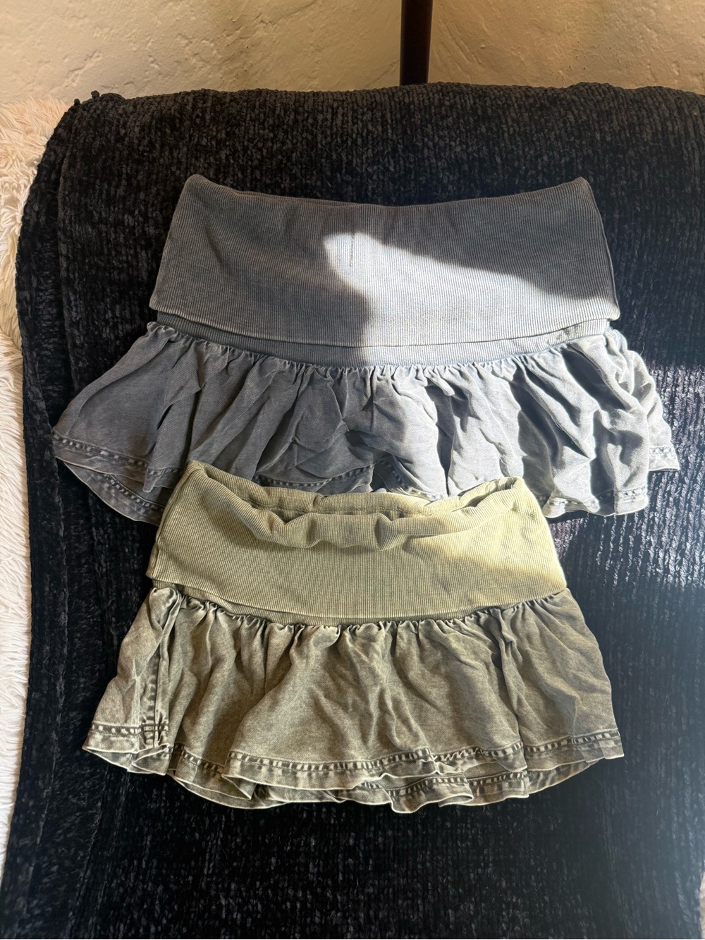 BDG Ruffled Mini Skirts in Gray and Olive
